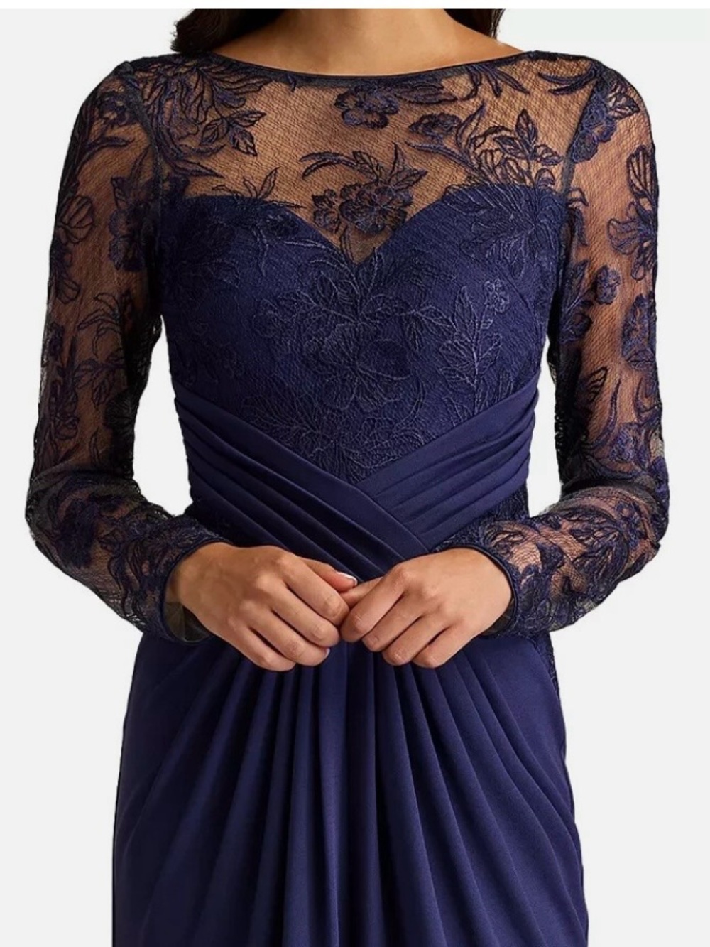 Tadashi Shoji Navy Lace-Detail Pleated Gown